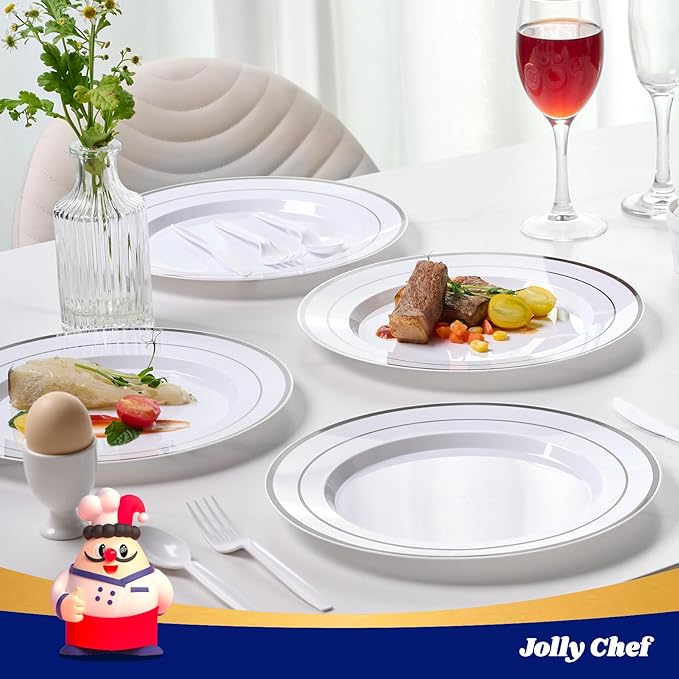 JOLLY CHEF 100 Pieces Silver Plastic Plates, 10 Inch Disposable Plates White Plate with Silver Rim, Heavy Duty Plastic Plates for Christmas, Birthdays and Weddings