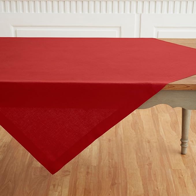 Solino Home Linen Red Square Tablecloth 52 x 52 Inch - 100% Pure Linen Table Throw - Fete, Machine Washable Table Cloth for Valentines, Winter