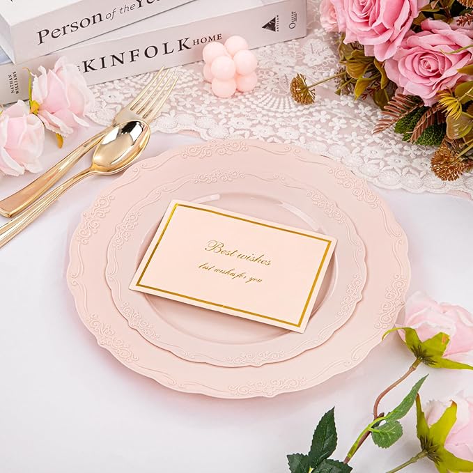 U-QE 100PCS Mauve Pink Plastic Plates for Party - Plastic Party Plates Disposable Heavy Duty - Pink Valentines Plates for Valentine's Day Including 50PCS 10.25'' Dinner Plates&50PCS 7.5'' Pink Plates