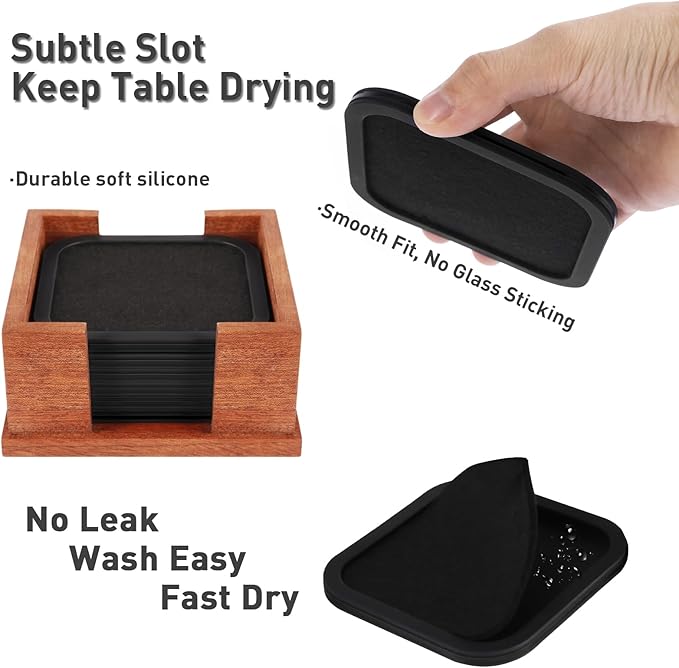 Lexenic Sleek Absorbent Coasters for Drinks with Solid Acacia Wood Holder, Silicone Cup Mat with Removable Felt Insert, Non-Slip, Non-Stick, Gift for Coffee Table Kitchen Decor, 6PCS (Black)