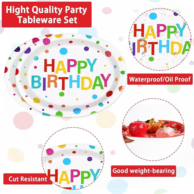 50Pcs Happy Birthday Oval Paper Plates 10" x 12" Large Disposable 400GSM Heavy Duty Rainbow Colorful Dots Platters Plates Happy Birthday Party Decorations for BBQ Picnic Baby Shower Party Supplies