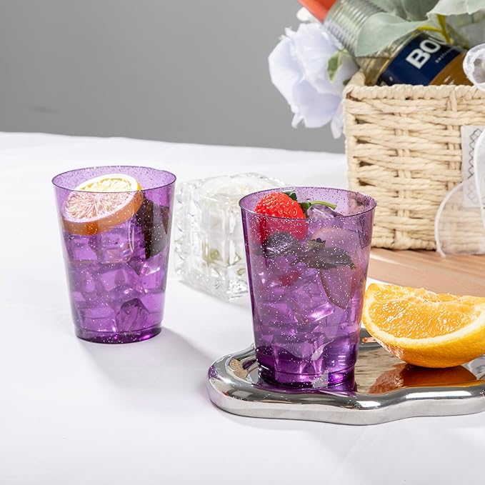 DaYammi 100 Pack 10 oz Purple Plastic Cups- Disposable Cups Tumblers, Elegant Purple Glitter Party Drinking Cup Perfect for Wedding Purple cups Perfect for Valentine's Day Party