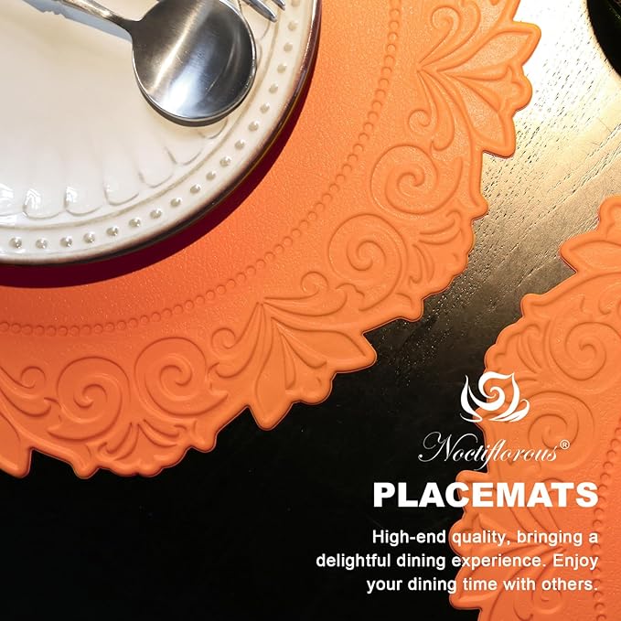Noctiflorous Round Faux Leather 15 Inch Placemats Set of 4 Waterproof Wipeable Heat Resistant Tablemat for Dining Table Kitchen Non Slip Washable Oilproof Table Place Mat(Pumpkin Orange, 4)