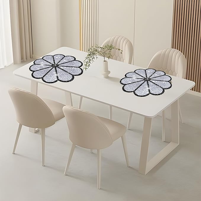 Washable Waterproof Diamond Circle Placemats for Round Tablescape Decor for Dinner and Kitchen Bling Placemats for Weddings & Special Events -8PCS (Silver and Black)