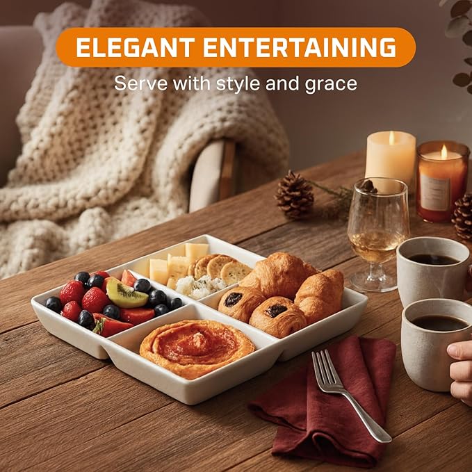 Bruntmor Set of 2 Dinner Serving Tray Dish - 10 x 10 Inch White Ceramic Serving Platter with 4 Compartments - Durable, Decorative Appetizer and Snack Tray for Brunch, Parties, and Dinner Table Display