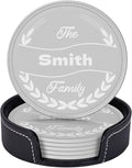 Personalized Coasters Set of 6, Photo PU Leather Coasters, Custom Grey Coaster with Last Name, Leather Gifts for 3rd for Him, Family Coaster 6 Packs, Gift for Thanksgiving
