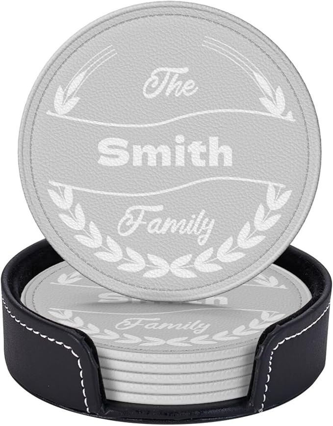 Personalized Coasters Set of 6, Photo PU Leather Coasters, Custom Grey Coaster with Last Name, Leather Gifts for 3rd for Him, Family Coaster 6 Packs, Gift for Thanksgiving