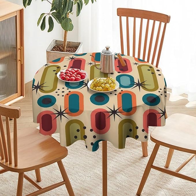 Mid Century Bohemian Round Tablecloth, Modern Medieval Geometric Abstract Print Tablecloth for Home Party Dining Room Kitchen Decor 50Inch(127cm)