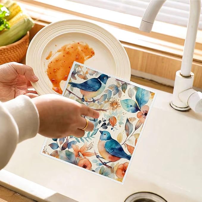 Bird Flower Swedish Dishcloths for Kitchen, Papaya Reusable Paper Towels, 4 Pack Watercolor Dish Cloths, Washable