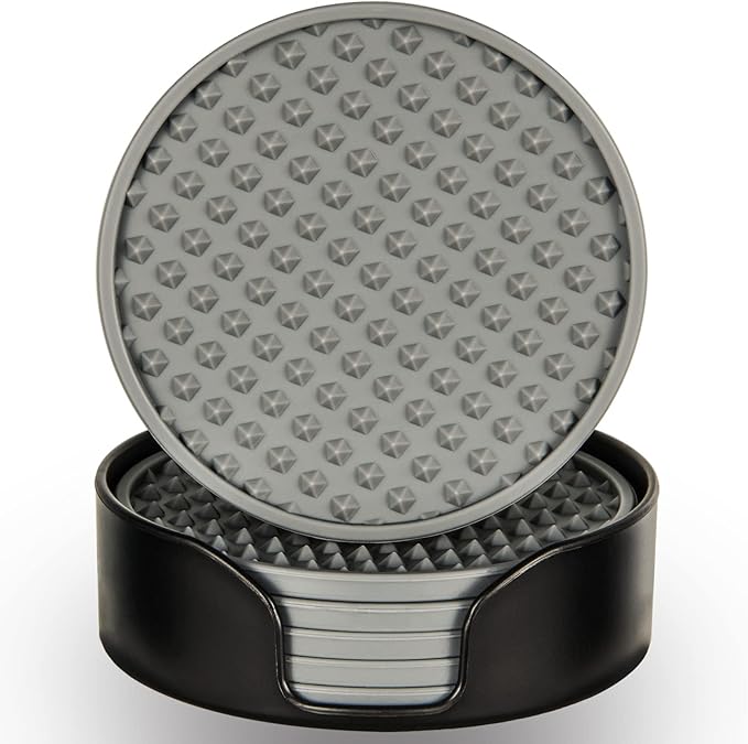 Coasters for Drinks 6 Pcs Drink Coaster with Holder,Heat Resistant Silicone Cup Mat Tabletop Protection,Non-Slip Rubber Coasters for Kinds of Cups (Grey)