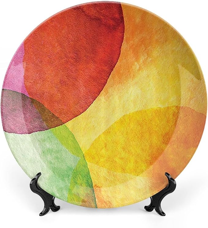 Decorative Plates, Abstract Print Ornament, Watercolor Style in Modern Art Design, 10 Inch, 1 Plate with 1 Display Stand, Yellow Orange Lime Green