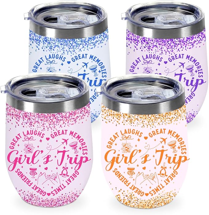 4Pcs Girls Trip Wine Tumbler With Lid, 12 Oz Stainless Steel Insulated Wine Tumbler , Girls Trip Gifts Favors Insulated Coffee Cup, Travel Mug Sister Gifts for Friendship Vacation Bachelorette Party