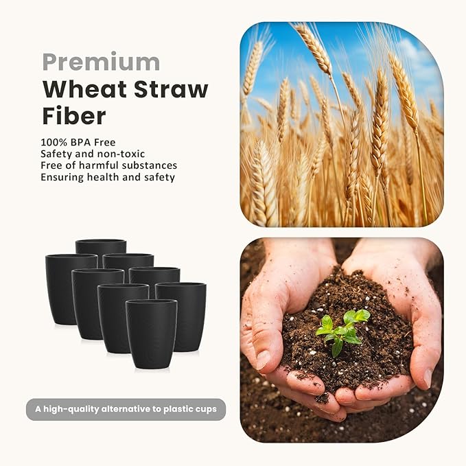Homienly Drinking Cup Water Tumbler Wheat Straw Cup Set of 8 | Plastic Cups Reusable 16 OZ Drinking Glasses | Unbreakable Stackable Water Tumblers Dishwasher Safe Cup Set for Kitchen - Black