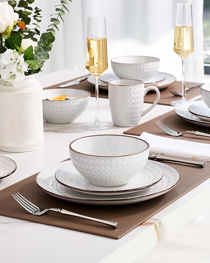 Famiware Eden Plates and Bowls Sets, Stoneware Dinnerware Sets with Gold Trim, 12 Pieces Dishes Set for 4 - Chip and Scratch Resistant, Microwave and Dishwasher Safe, White Circle