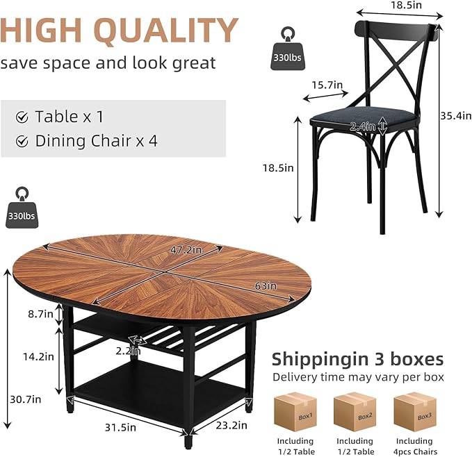 VFK 47.2"-63" Extendable Round Dining Table Set for 4–6, Solid Wood & Metal Table with Wine Rack Storage Shelf, Walnut Kitchen Furniture with 4 Upholstered Chairs (Storage Table and 4 Black Chairs)