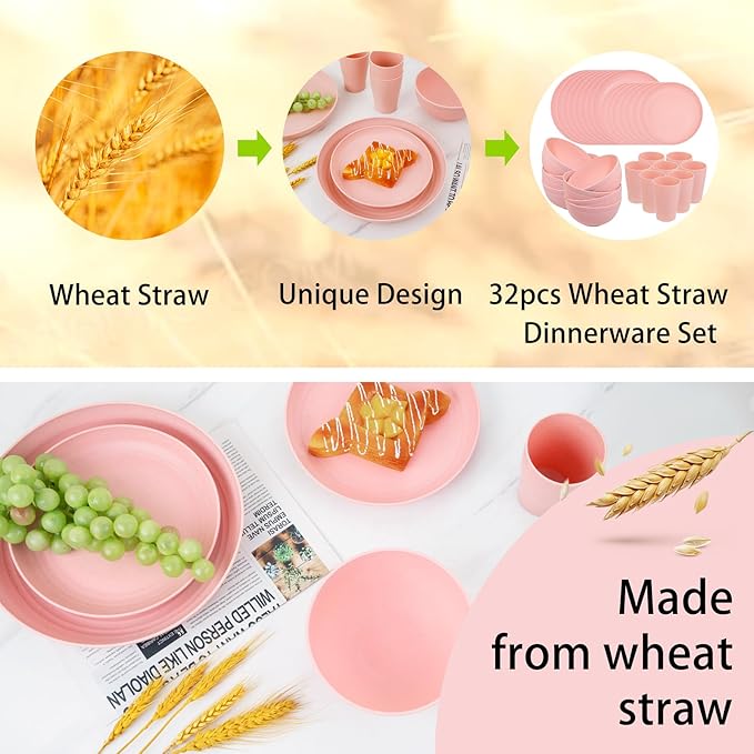 Supernal Pink Wheat Straw Dinnerware Sets,Unbreakable Dishes for 8, Plate and Bowls Sets, Reusable Plates, Dishwasher Safe Plates,Plastic Dinnerware Set, Pink Plastic Tableware