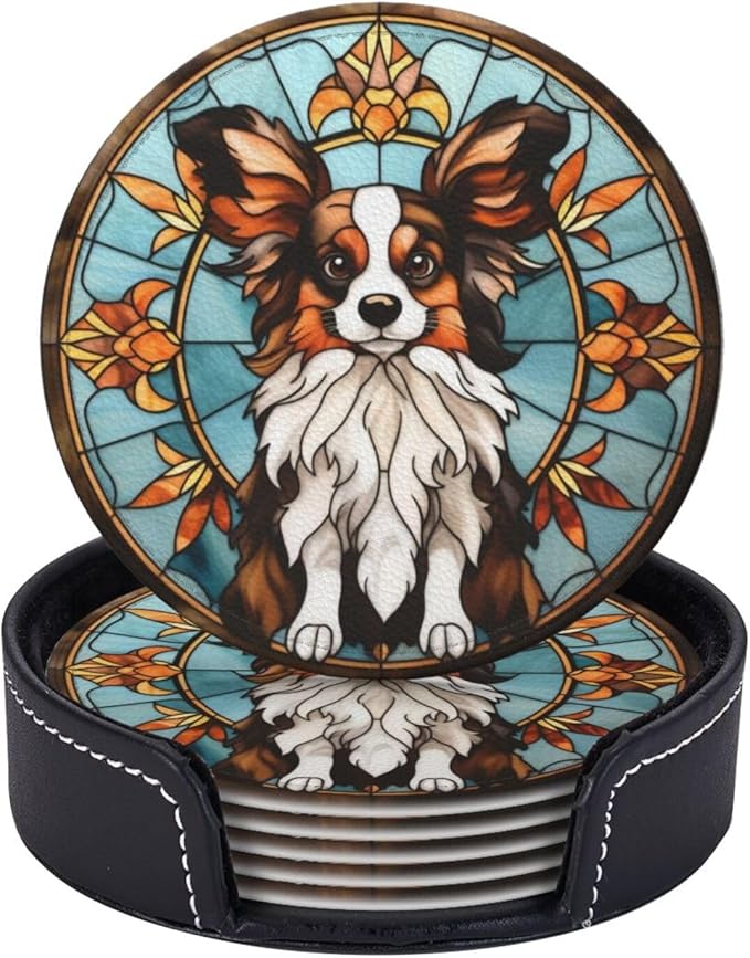 Drink Coaster Set of 6, Papillon Dog Mom Lover Gift,Leather Drink Coasters with Holder,6 Pack Cup/Bar/Drink Coasters for Table/Drinks/Coffee Protection Housewarming Gift