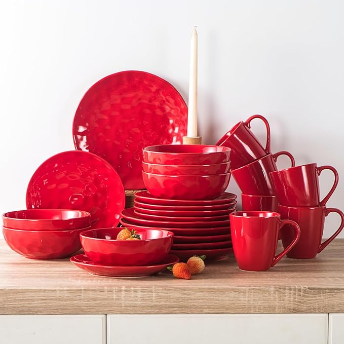 vicrays Ceramic Dessert Salad Plates, 8 Inch, Microwave, Oven, and Dishwasher Safe, Round, Porcelain Fluted Suitable for Snacks, Appetizer, Home, Party, Restaurant - Set of 6 Red