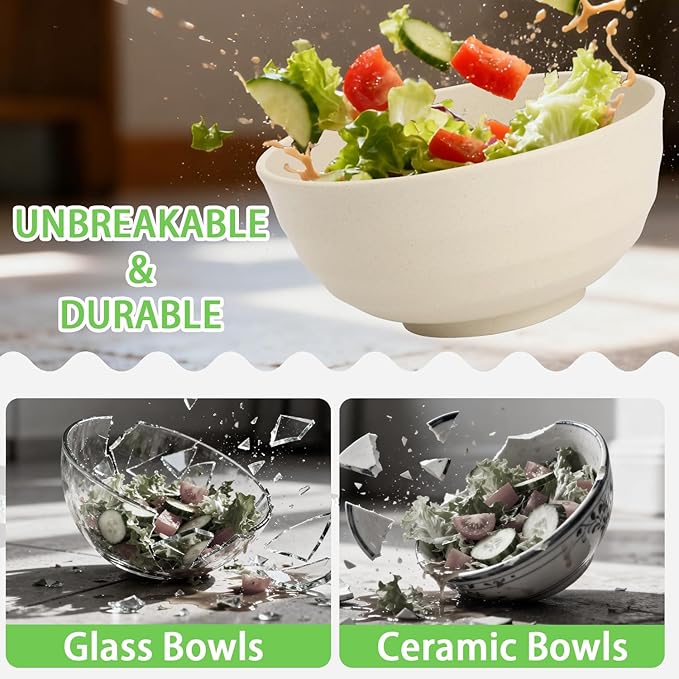 Large Wheat Straw Bowls Set of 6, 60 OZ Unbreakable Serving Bowls, Microwave Safe & Dishwasher Safe, Perfect for Salad, Fruit, Cereal, Soup, Ramen, Family Meals, Beige