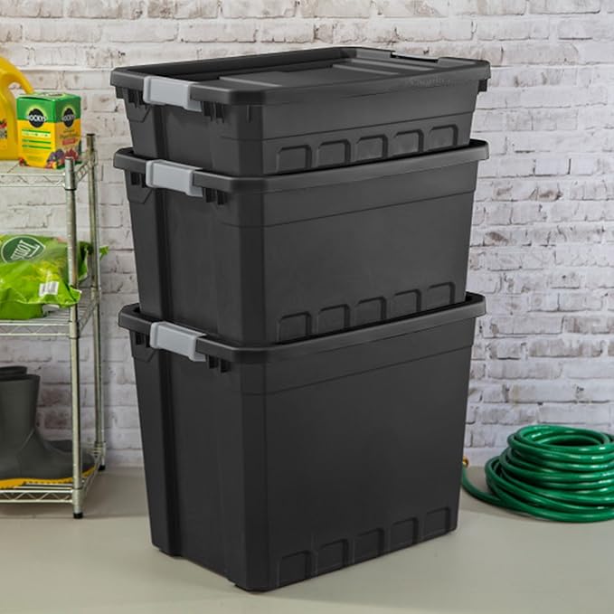 Sterilite 8-Pack Plastic Storage Bins with Lids, Stackable Containers, 27 Gallon, Black