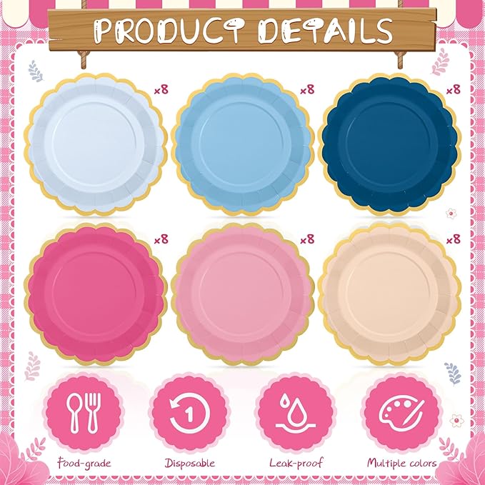 48 Pcs Pink Navy Blue Paper Plates 9 Inch Gradient Scalloped Paper Plates Disposable Dinner Dessert for Birthday Wedding Bridal Party Supplies, 6 Colors