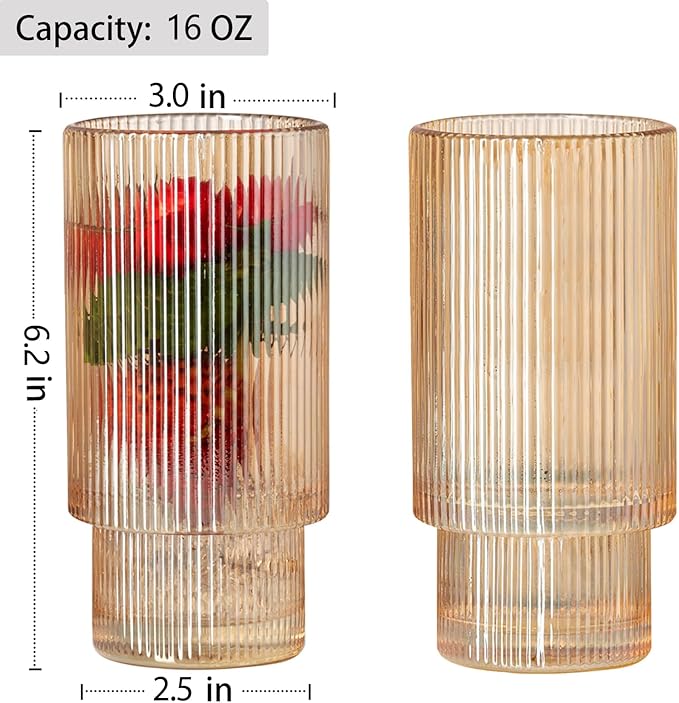 6 Pack Large 16Oz Ribbed Drinking Glasses Vintage Amber Set - Elegant ribbed glass cups, vintage drinking glasses for water, juice, cocktails, whiskey, iced coffee, smoothies – gift for home