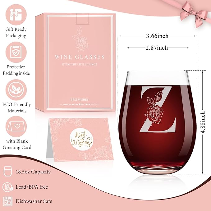 Valentines Day Gifts for Her, Gifts for Women Her Friend Mom Grandma Wife Sister Bridesmaid Nurse, Birthday Galentines Mothers Day Christmas, Personalized Initial Customized Wine Glasses 18OZ(Z)