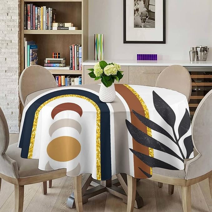 Mid Century Boho Round Tablecloth, Modern Abstract Sun Moon Bohemian Leaves Tablecloth for Home Party Dining Room Kitchen Decor 36Inch(90cm)