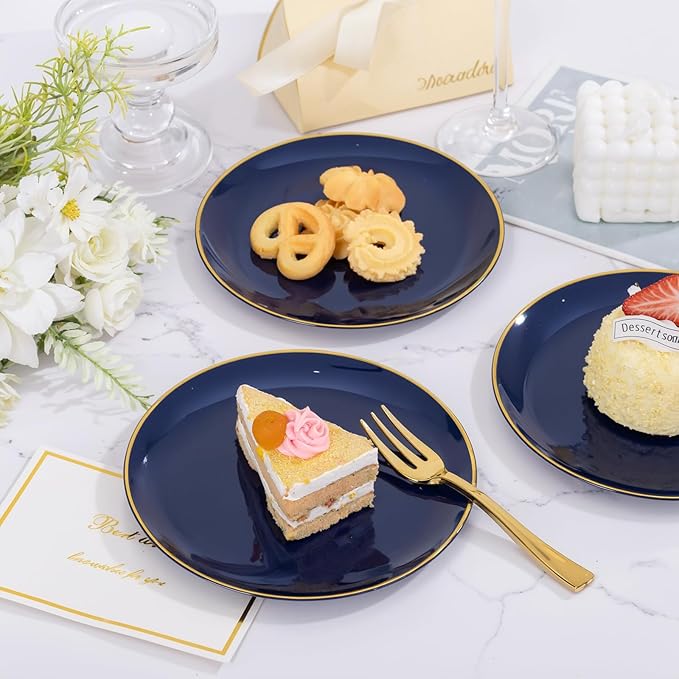 Festiva 400Pcs Navy Blue Gold Dessert Plates 6.3" with Forks 5"- 200PCS Small Disposable Dessert/Cake/Appetizer Plates and 200PCS Forks - Serve 200 Guests for Hanukkah Party&Birthday &New Year