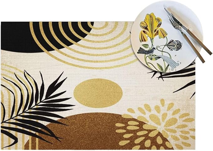 Boho Mid Century Placemats Abstract Golden Dots Leaves Modern Geometric Minimalist Aesthetic Washable Place Mats 12x18Inch for Dining Kitchen Farmhouse Decor 6 PCS