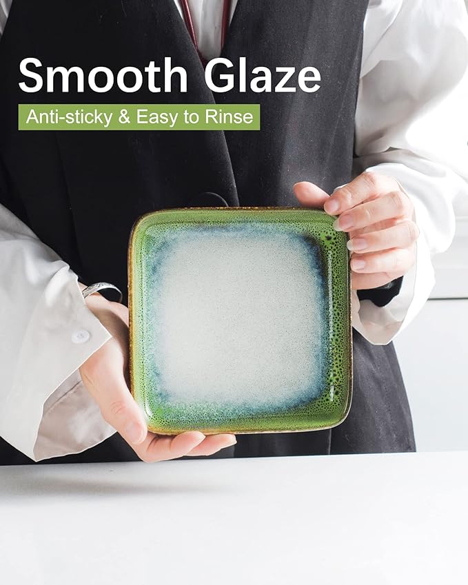 HENXFEN LEAD Small Square Ceramic Plates 6.3 Inch – Dessert, Appetizer & Snack Plates Microwave & Dishwasher Safe – Set of 4, Reactive Glaze Green