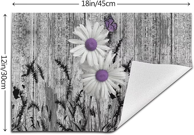 Placemats Set of 6 Rustic Floral Place Mats Farmhouse Daisy Woven Table Mats Washable Purple White Flower PVC Placemat for Dining Kitchen Decor Indoor Outdoor, 12 x 18 Inch