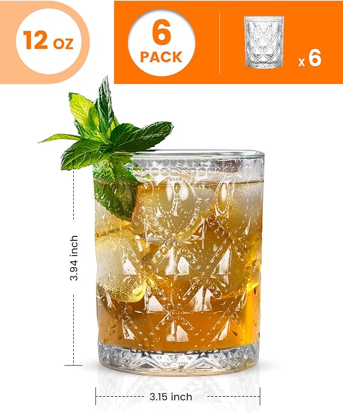 Vintage Diamond-Pattern Drinking Glasses Set of 6 – 12 oz Clear Short Glass Cups – Embossed Retro Glassware for Water, Cocktails, Whiskey, Juice – Thick Clear Glass, Dishwasher Safe