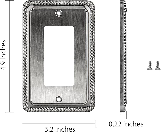 Henne Bery Rope Edge Decorative Wall Plate Switch Plate Outlet Cover (Single Decorator, 2 Pack, Heirloom Silver)