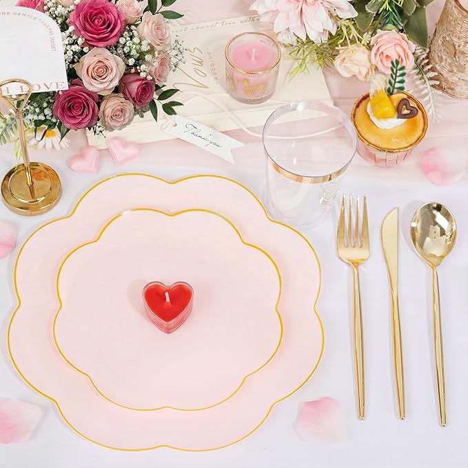 EI 180pcs Pink Plastic Plates with Gold Plastic Silverware,Party Plates Disposable,Pink Dinnerware Set for Afternoon Tea,Wedding,Birthday,Easter,Spring,Mother's Day,Valentine's Day