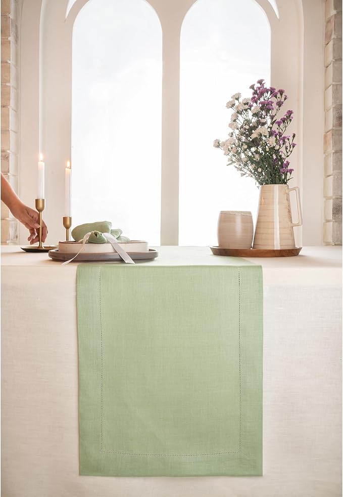 D'Moksha Homes Linen Sage Green Table Runner 108 Inches Long - 100% Pure Linen 14 x 108 Inch Table Runner for Spring, St Patricks Day, Easter - Classic Hemstitch