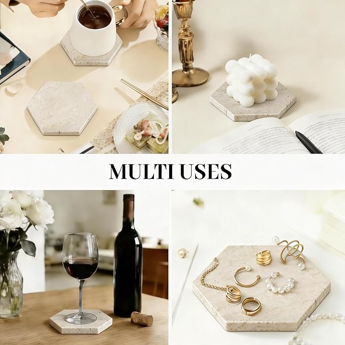 Natural Marble Coasters, Hexagonal Costers, Luxury Aesthetic Modern Decor for Coffee Table Bar Kitchen Home, Travertine Marble, Real Natural Semi Absorbent Stone Coasters