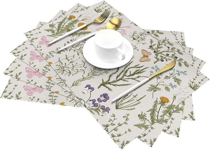Placemats Set of 4 Vintage Wildflower Herbs Floral Rustic Butterfly Place Mats Floral Woven Table Mats Washable PVC Placemat for Dining Kitchen Decor Indoor Outdoor, 12 x 18 Inch