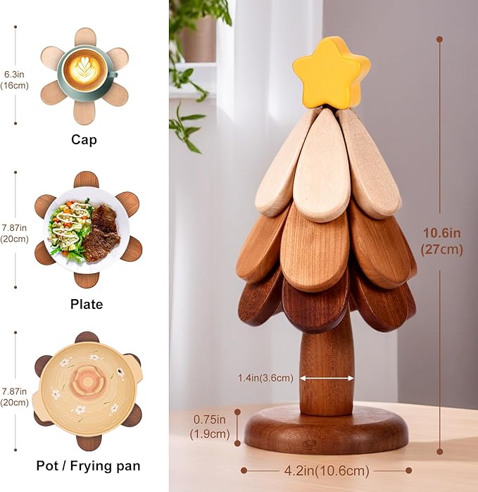 Wooden Tree Trivet Set - Tree Coasters & Trivets for Hot Dishes - Cork Hot Pots and Pans - Coasters & Trivets for Hot Dishes (Star)