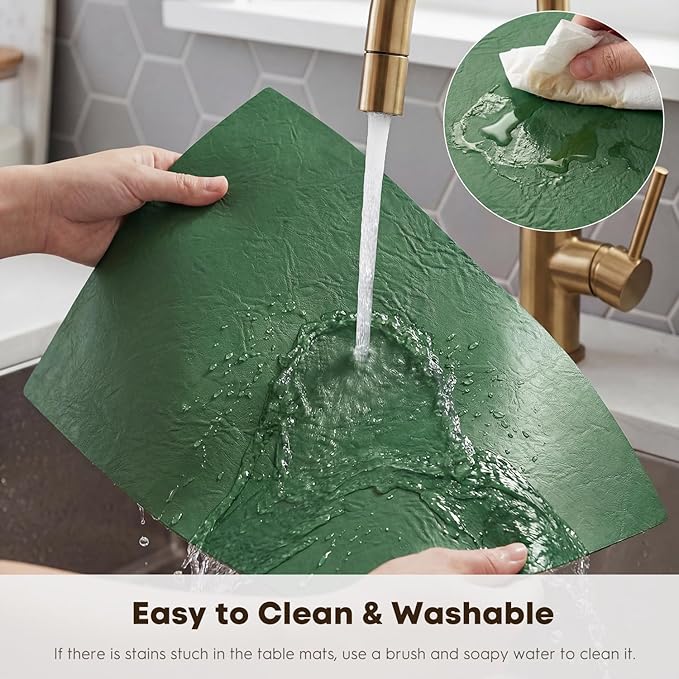Artoid Mode Green Faux Leather Placemats Set of 4, 12x18 Inch Waterproof Wipeable Heat Resistant Vinyl Place Mats, Reversible Table Mats for St. Patrick's Day Dining Decor