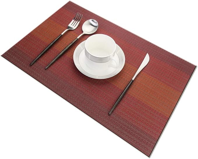 Placemats Washable Easy to Clean PVC Placemat for Kitchen Table Heat-resistand Cross Weave Vinyl Round Table Mats 12x18 inches Set of 6 （Red）