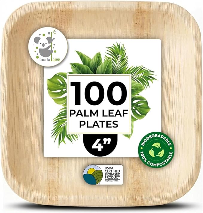 Palm Leaf Plates 4 Inch Bamboo Plate Disposable 100 Pack Small Dessert and Appetizer Square Party Plates Biodegradable Compostable Cocktail Better Than Paper Plate By KoalaLove