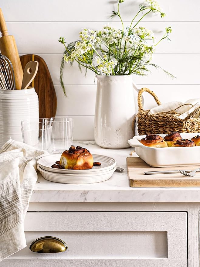 LE TAUCI Dishes Set for 4, Stoneware Plates and Bowls Set, Farmhouse Ceramic Dinnerware, Microwave & Dishwasher Safe, Stackable,12-Piece, Arctic White (10" Dinner+8" Salad Plates+6" Bowls)