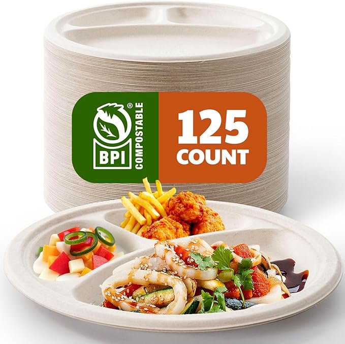 Compostable 3-Compartment Paper Plates, 125 Count, 10 Inch, Heavy Duty Disposable Divided Lunch Trays, Biodegradable Bagasse Sectional Plates for Buffet, Parties, Events & Daily Use, (Nature)