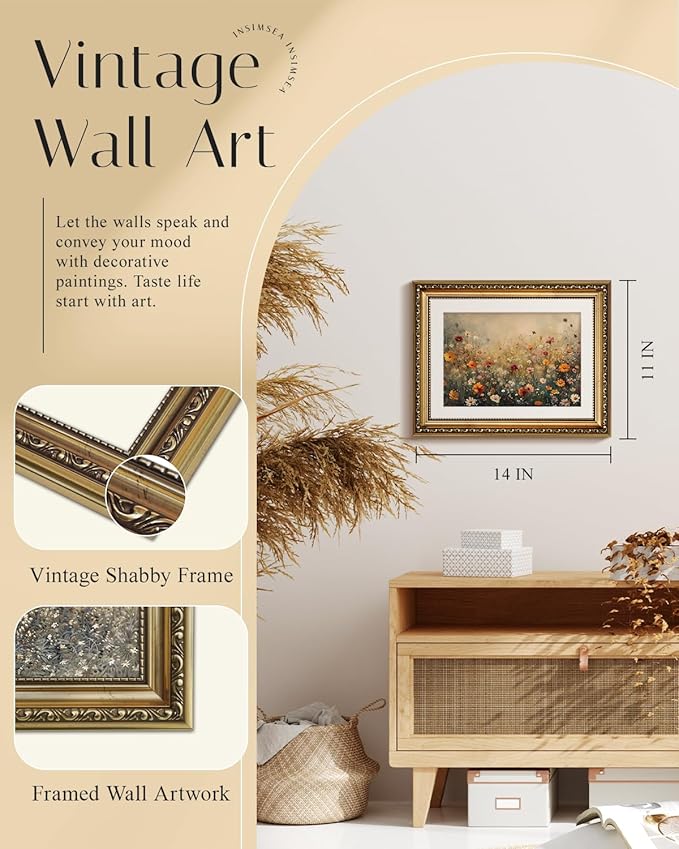 InSimSea Retro Gold Framed Wall Art, Vintage Nature Landscape Flower Wildflower Canvas Print Home Wall Decor, Landscape Farmhouse Decor, Antique Picture Frame Retro Paintings, 11x14 Inch