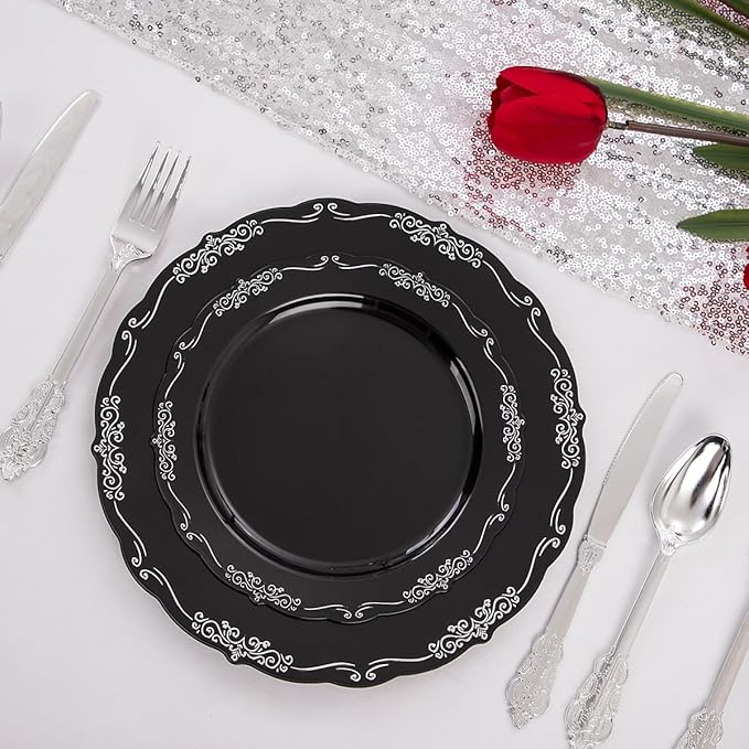 DaYammi 150 Pcs Black Silver Plastic Plates & Silver Plastic Silverware,Black silver Disposable plates for Include 30 Dinner Plate,30 Dessert Plate,30 Knives,30 Forks,30 Spoons for Party Wedding