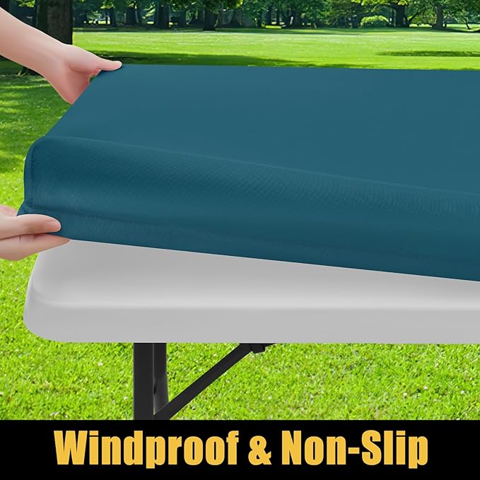 Smiry Rectangle Picnic Table Cloth, Waterproof Elastic Fitted Tablecloths for 6 Foot Tables, Washable Polyester Table Cover for Camping, Indoor and Outdoor (Peacock Blue, 30"x72")