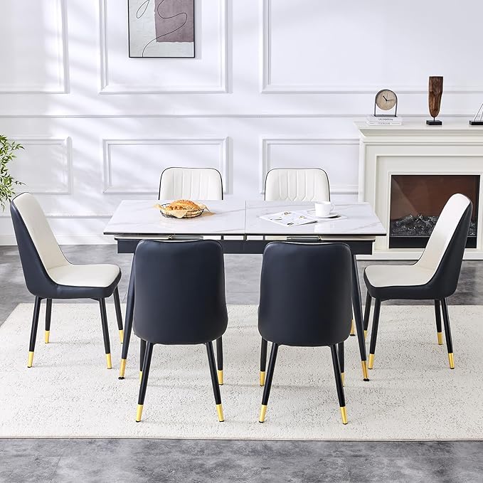 Extendable Dining Table Set for 6, 55'' to 78.8'' Rectangular Thickened Sintered Stone Kitchen Table with 6 Upholstered Chairs, Modern Space Saving 7-Piece Dinner Table Set