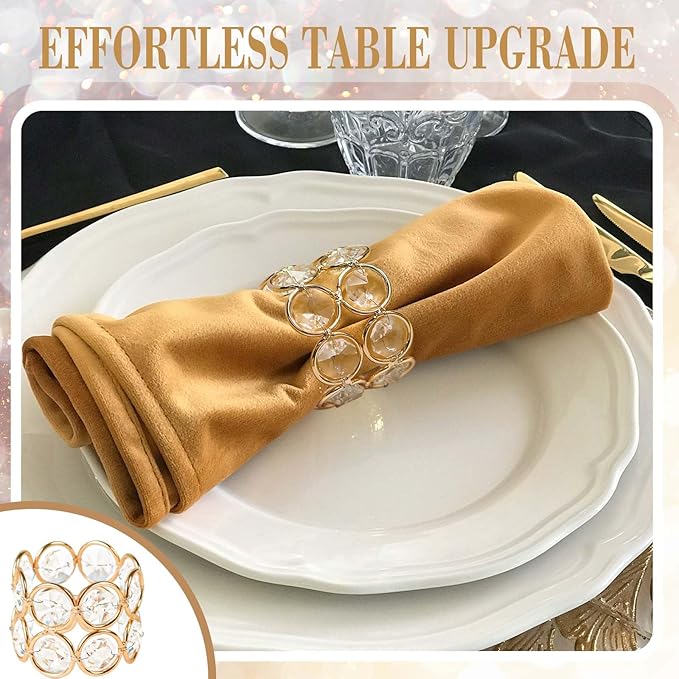 Crystal Metal Napkin Rings Set, Elegant Wedding/Party Table Decor, Shiny Holiday Dinner Accessories Bulk, Bridal Shower Gift, Anniversary, Christmas, Home Decor Essentials (Gold, 6-Pcs)