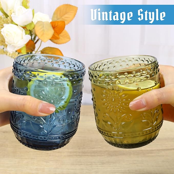 Topsky Vintage Drinking Glass Set of 6,12 oz Embossed Floral Decorative Glassware Set,Glass Cups Wine Glasses Beverages Tumblers Colored Glassware for Whisky,Beer,Juice,Cocktail,Heavy Duty